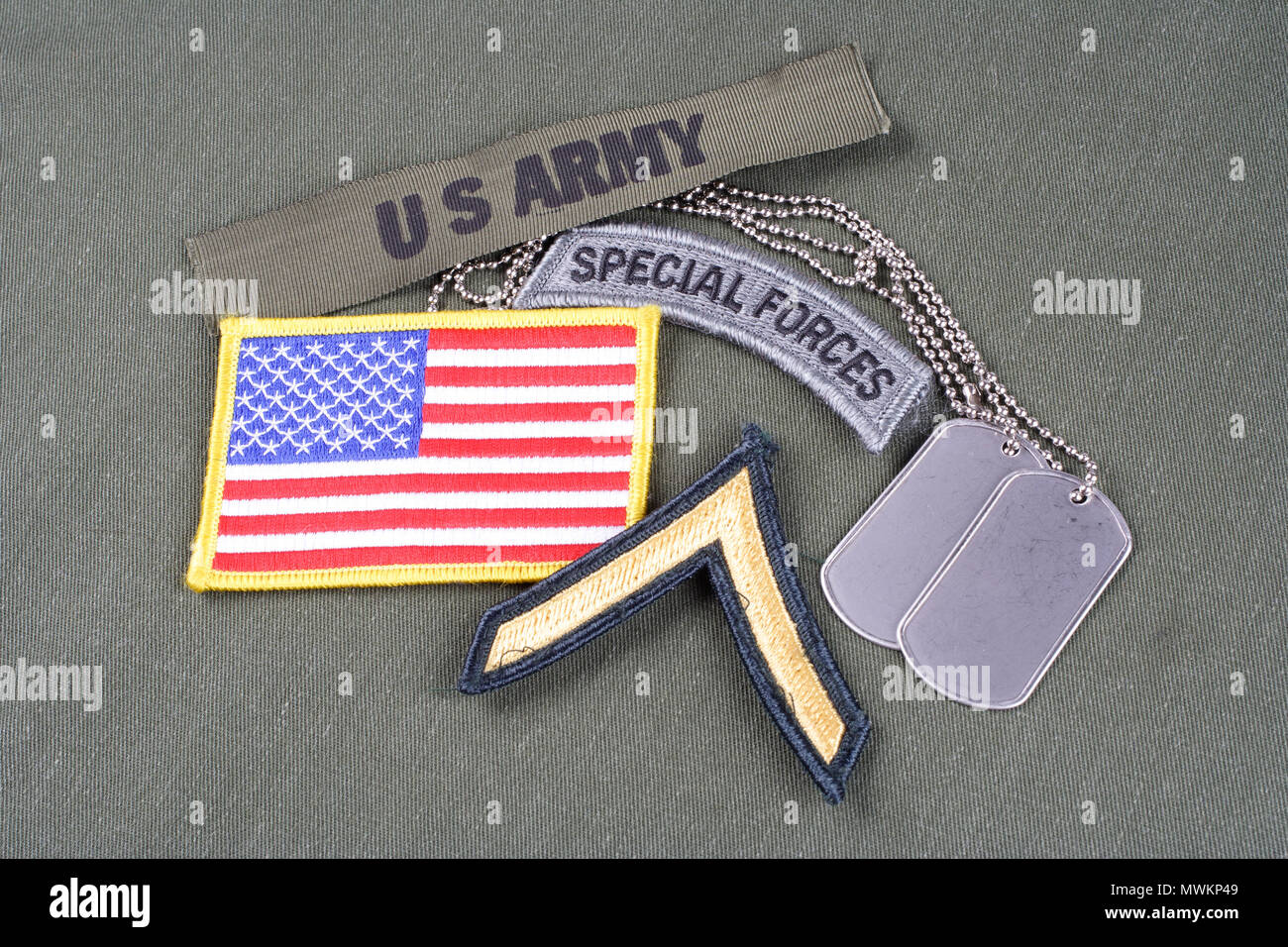 KIEV, UKRAINE - August 21, 2015. US ARMY special forces insignia on olive green uniform Stock Photo