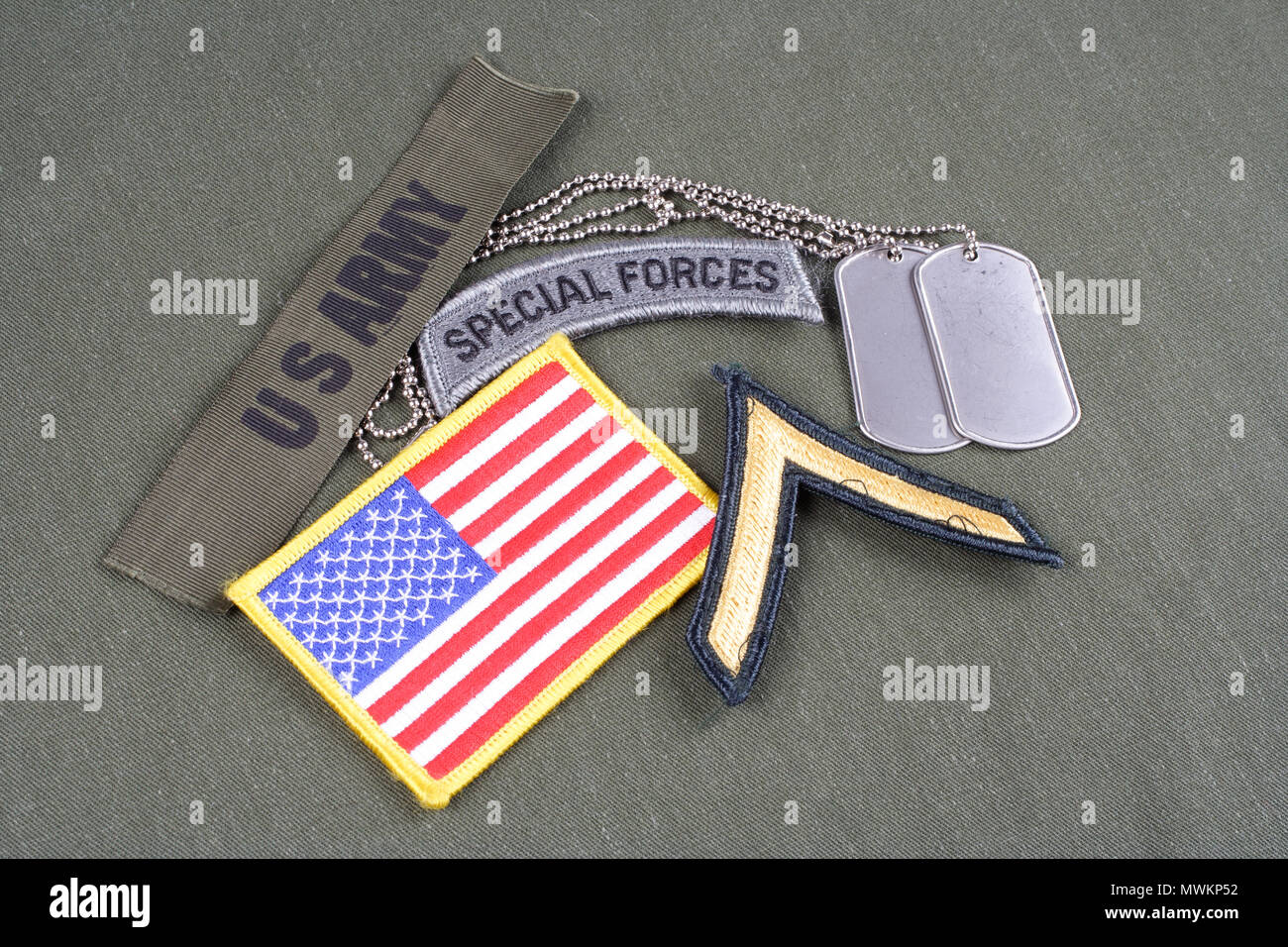 KIEV, UKRAINE - August 21, 2015. US ARMY special forces insignia on olive green uniform Stock Photo