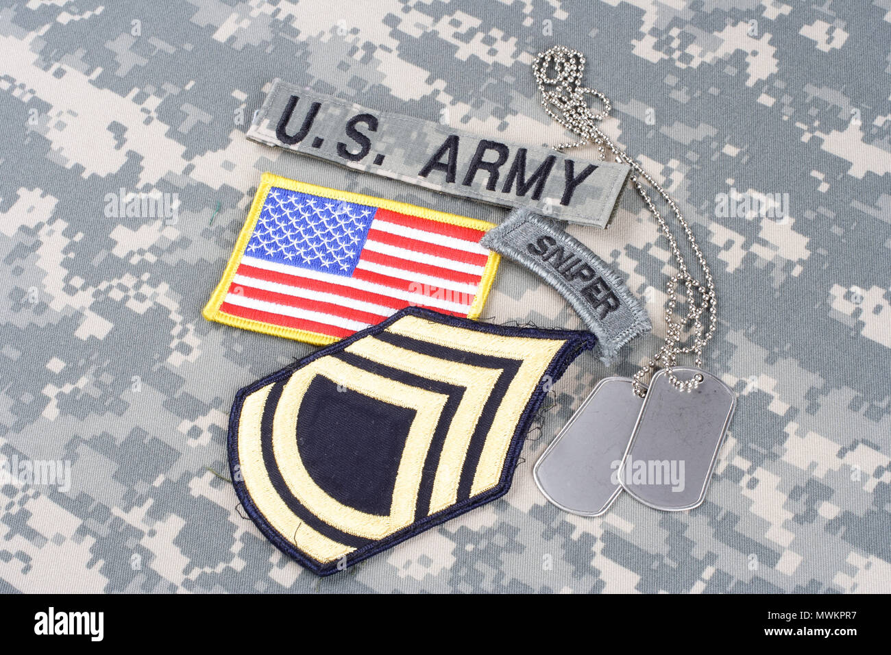 KIEV, UKRAINE - August 21, 2015. US ARMY sniper insignia on camouflage uniform Stock Photo