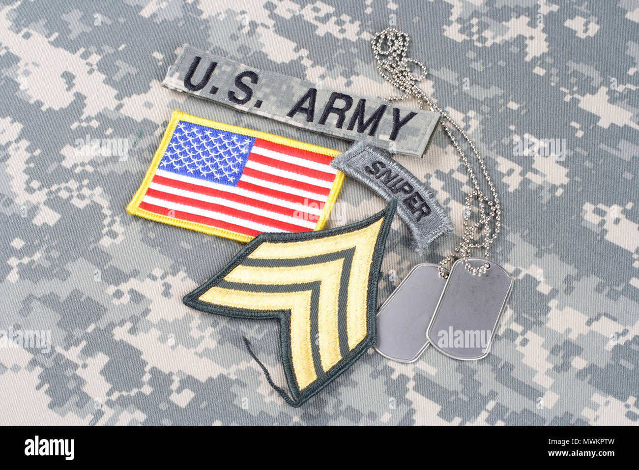 KIEV, UKRAINE - August 21, 2015. US ARMY sniper insignia on camouflage uniform Stock Photo