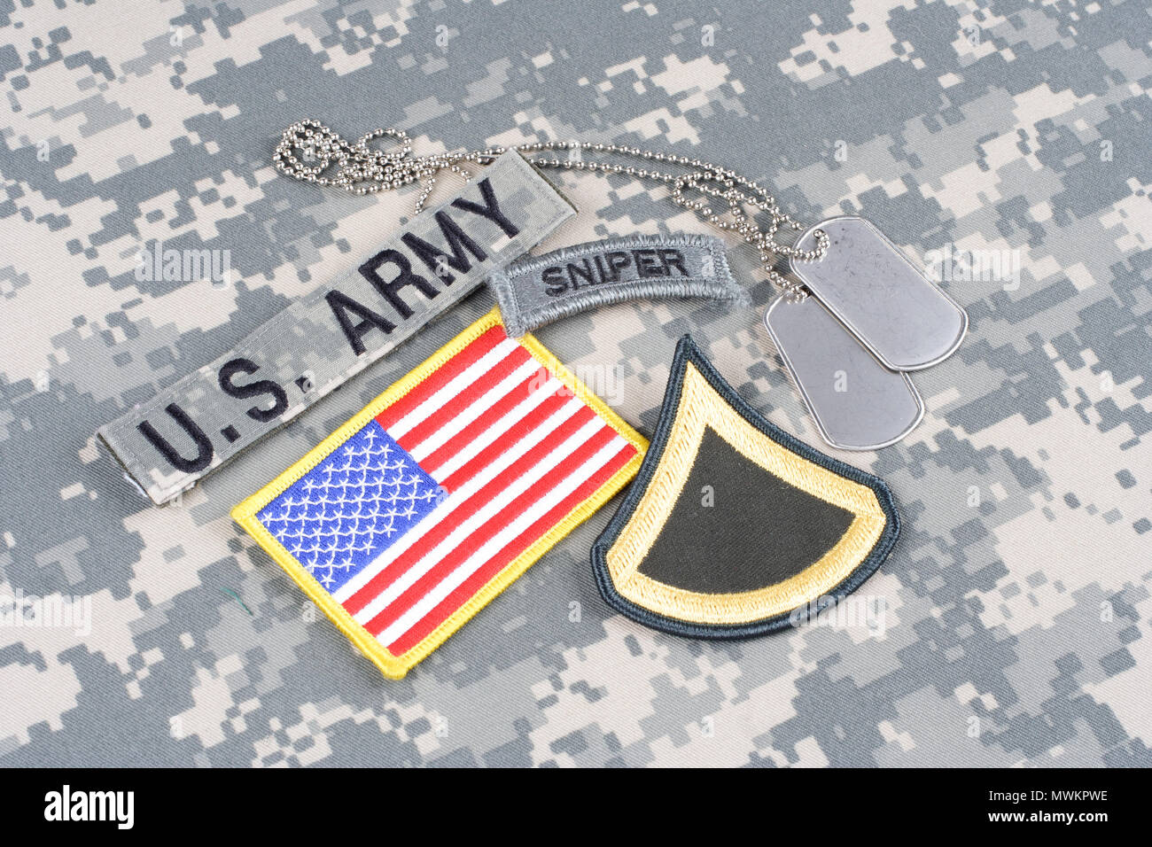 KIEV, UKRAINE - August 21, 2015. US ARMY sniper insignia on camouflage uniform Stock Photo