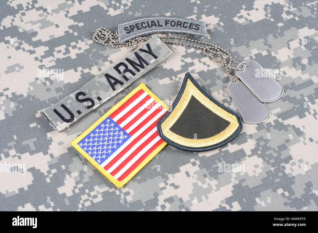 KIEV, UKRAINE - August 21, 2015. US ARMY special forces insignia on camouflage uniform Stock Photo