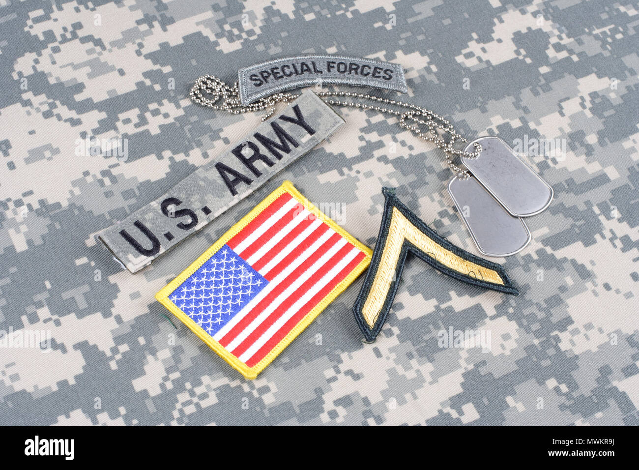 KIEV, UKRAINE - August 21, 2015. US ARMY special forces insignia on camouflage uniform Stock Photo