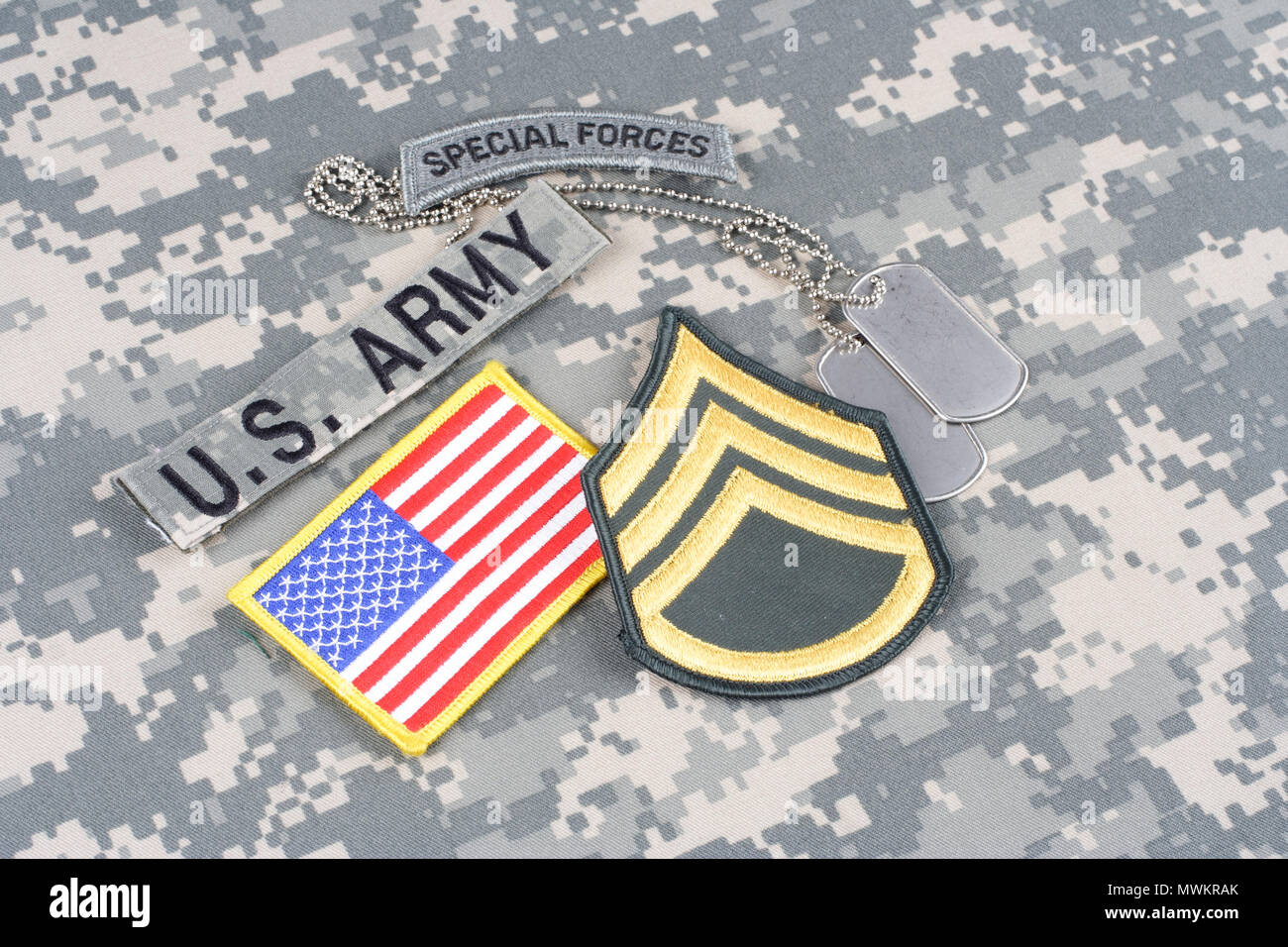 KIEV, UKRAINE - August 21, 2015. US ARMY special forces insignia on camouflage uniform Stock Photo