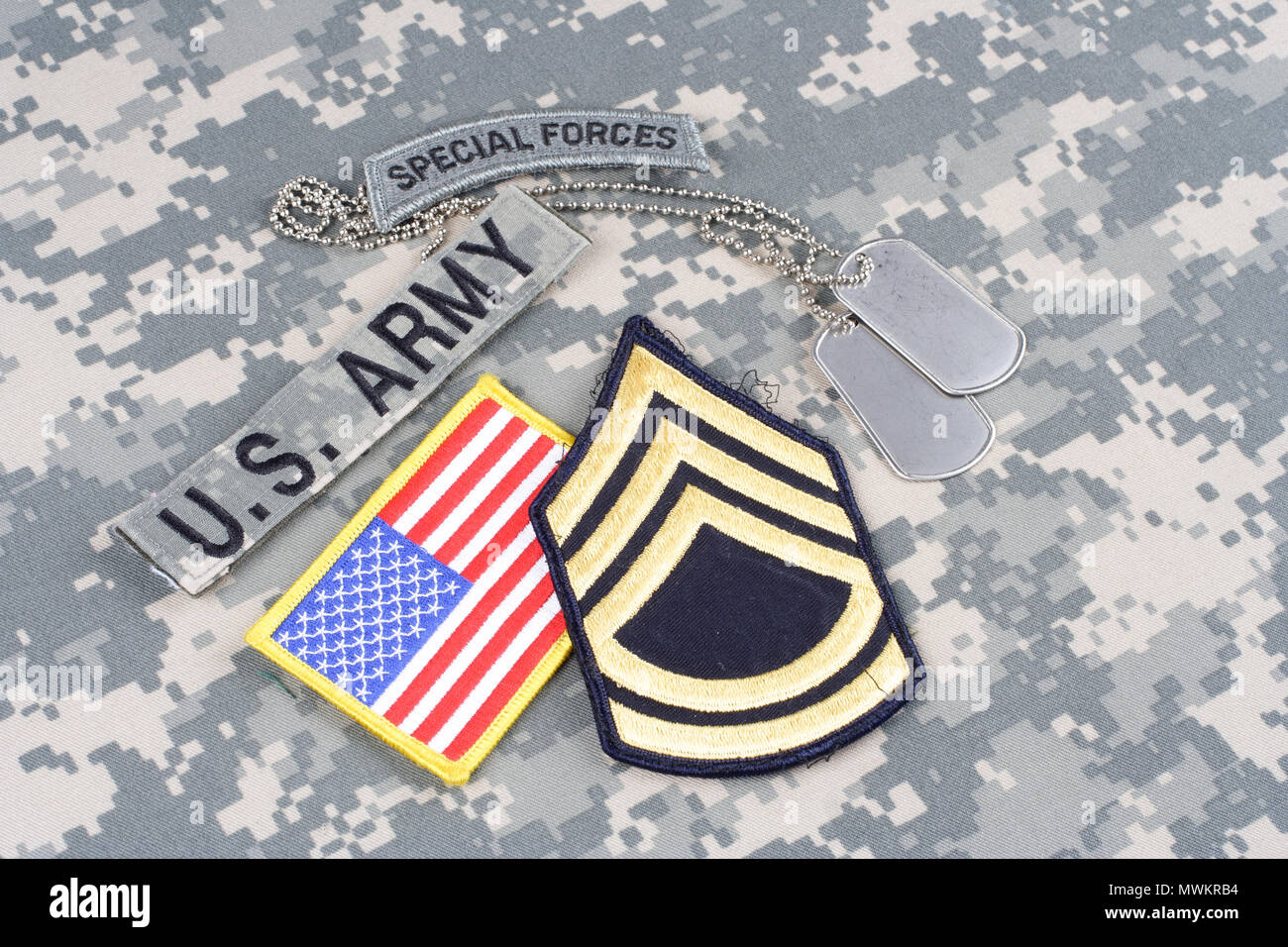 KIEV, UKRAINE - August 21, 2015. US ARMY special forces insignia on camouflage uniform Stock Photo