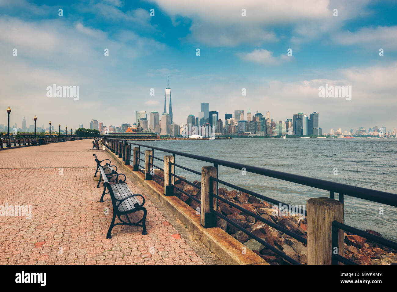 Lower Manhattan New York City, as seen from Liberty State Park, Jersey City, New Jersey Stock Photo