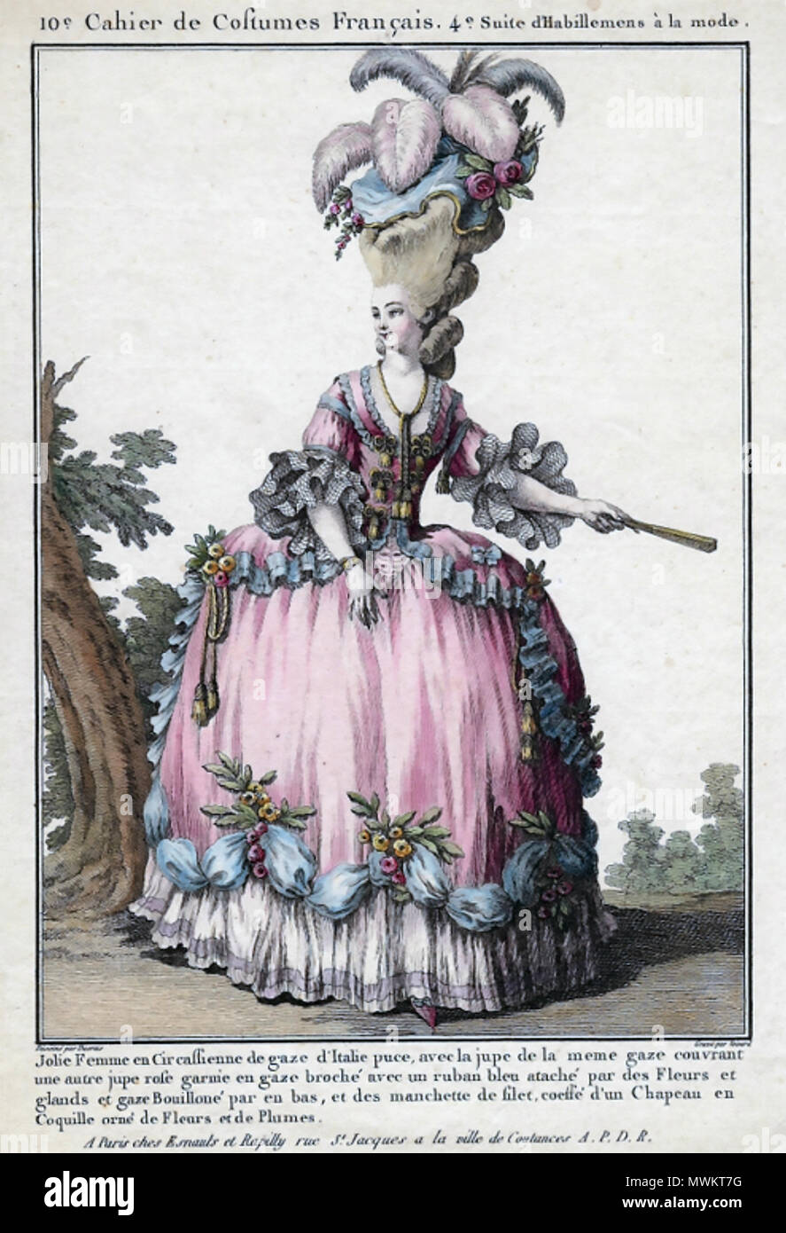 FRENCH FASHION PLATE dated 1770 showing the Circassienne style of gown Stock Photo