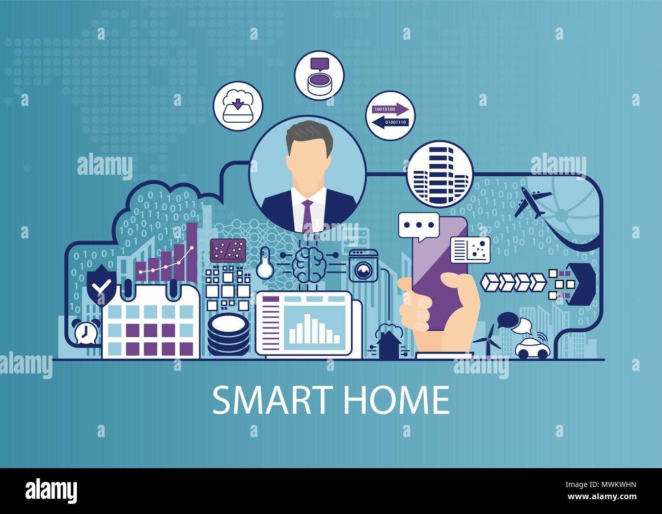 Smart home automation vector illustration with business man and icons. Stock Vector