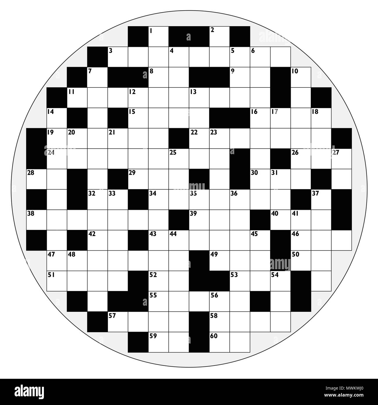 Round crossword with empty boxes to insert any words for a clear message, brief heading or explicit information in keywords - circular shaped template Stock Photo