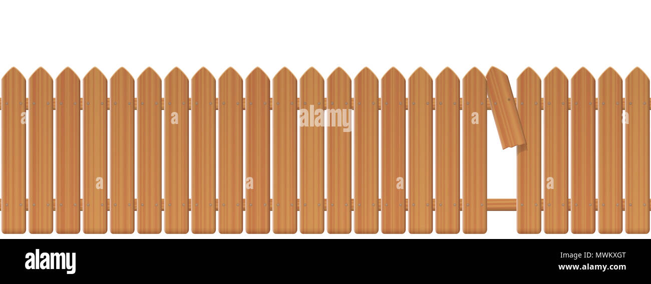 Wooden picket fence with gap in the fence. Palisade or stockade with broken plank and loophole to slip through, escape, bolt, run away, break free. Stock Photo