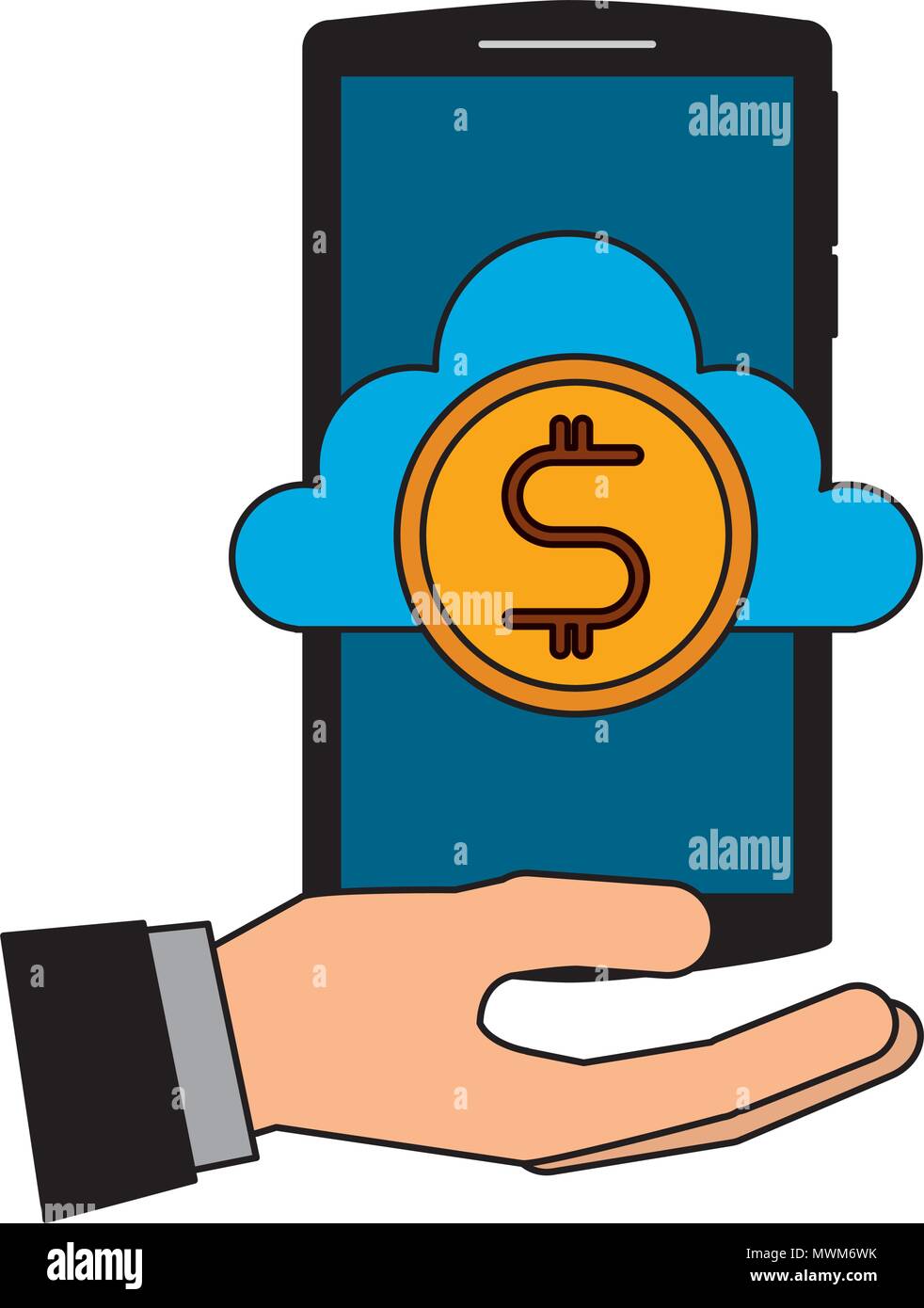 hand with smartphone and cloud computing isolated icon vector ...