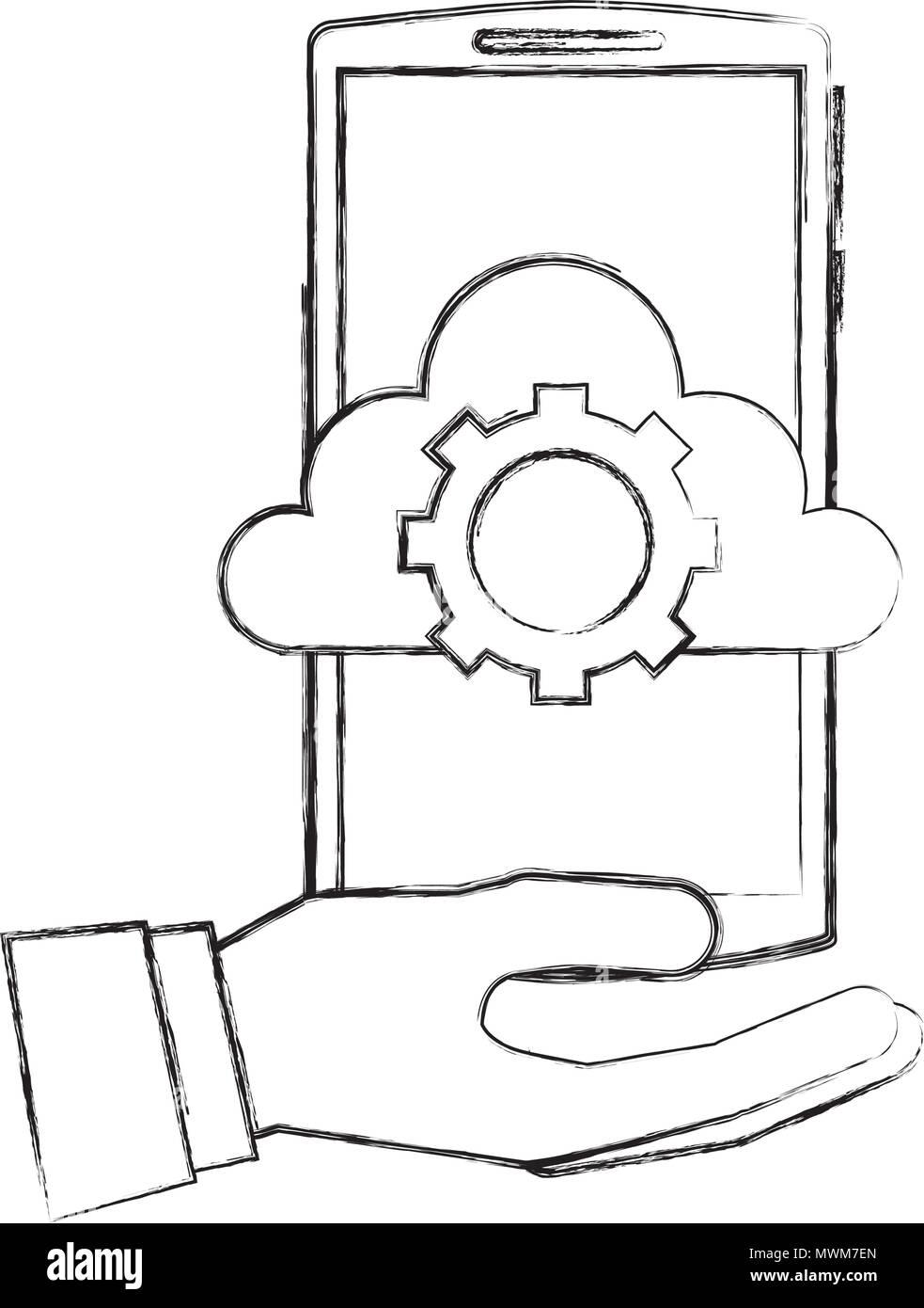 hand with smartphone and cloud computing isolated icon vector ...