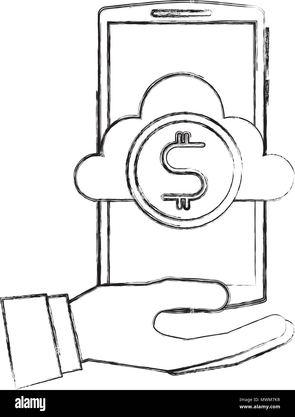 hand with smartphone and cloud computing isolated icon vector ...