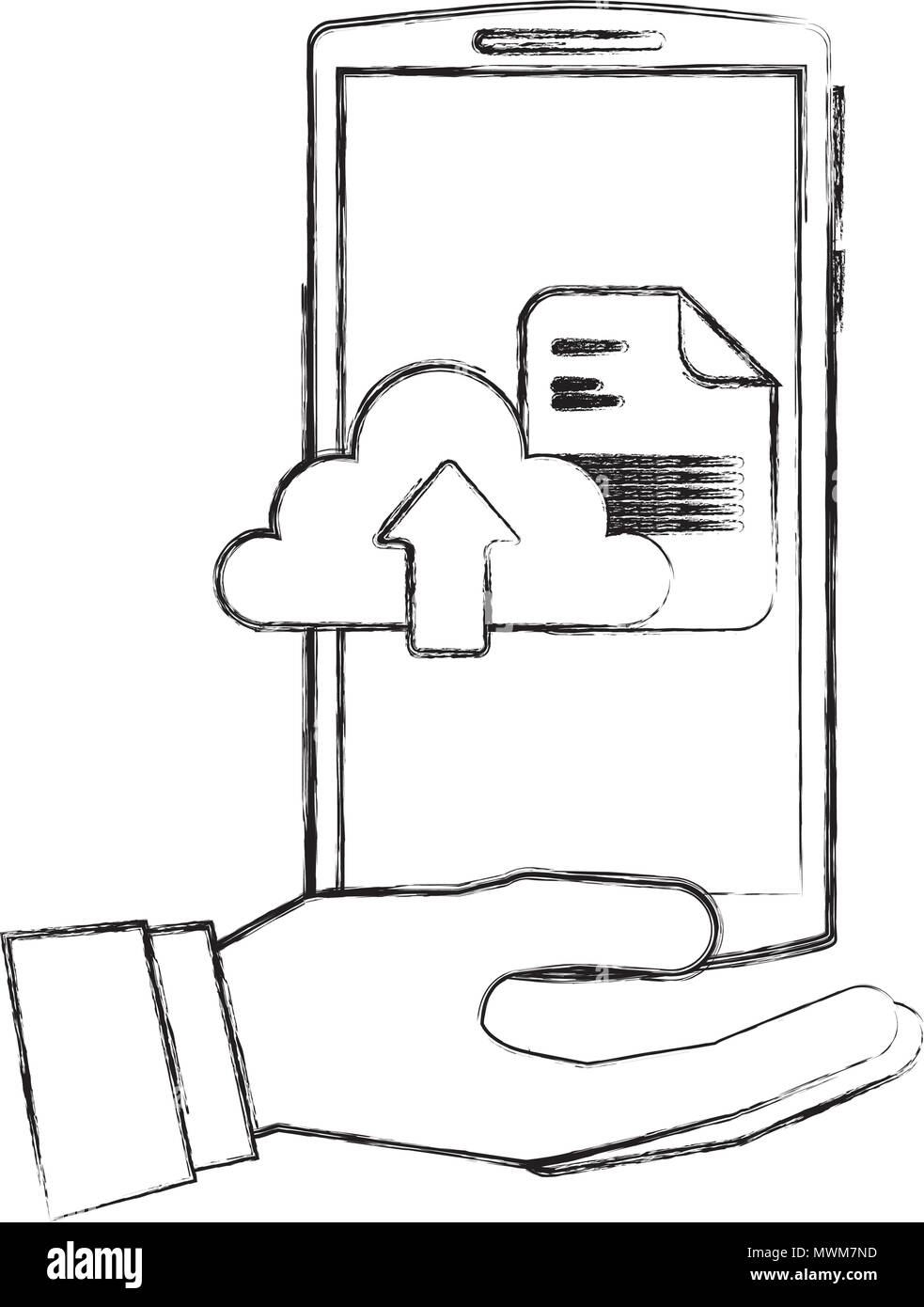 hand with smartphone and cloud computing isolated icon vector ...