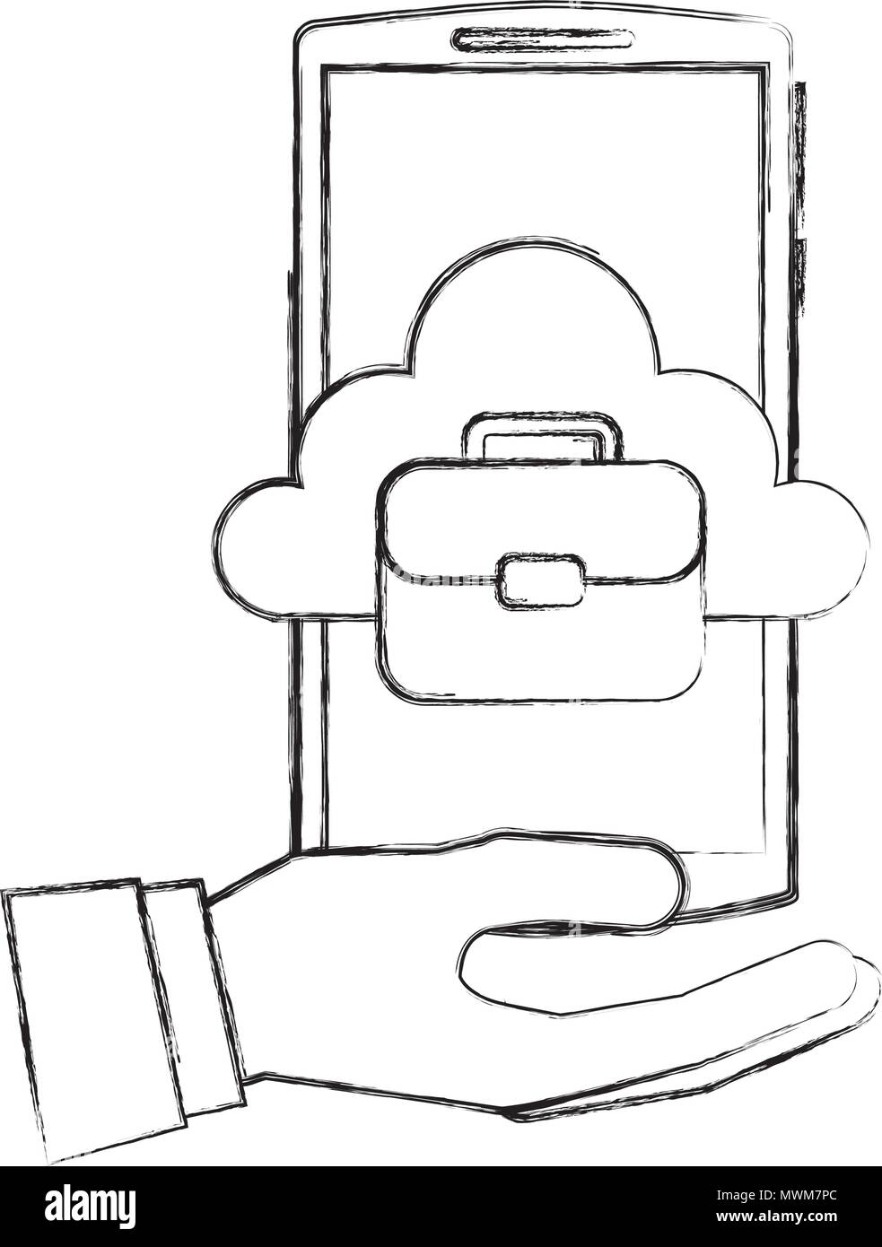hand with smartphone and cloud computing isolated icon vector ...