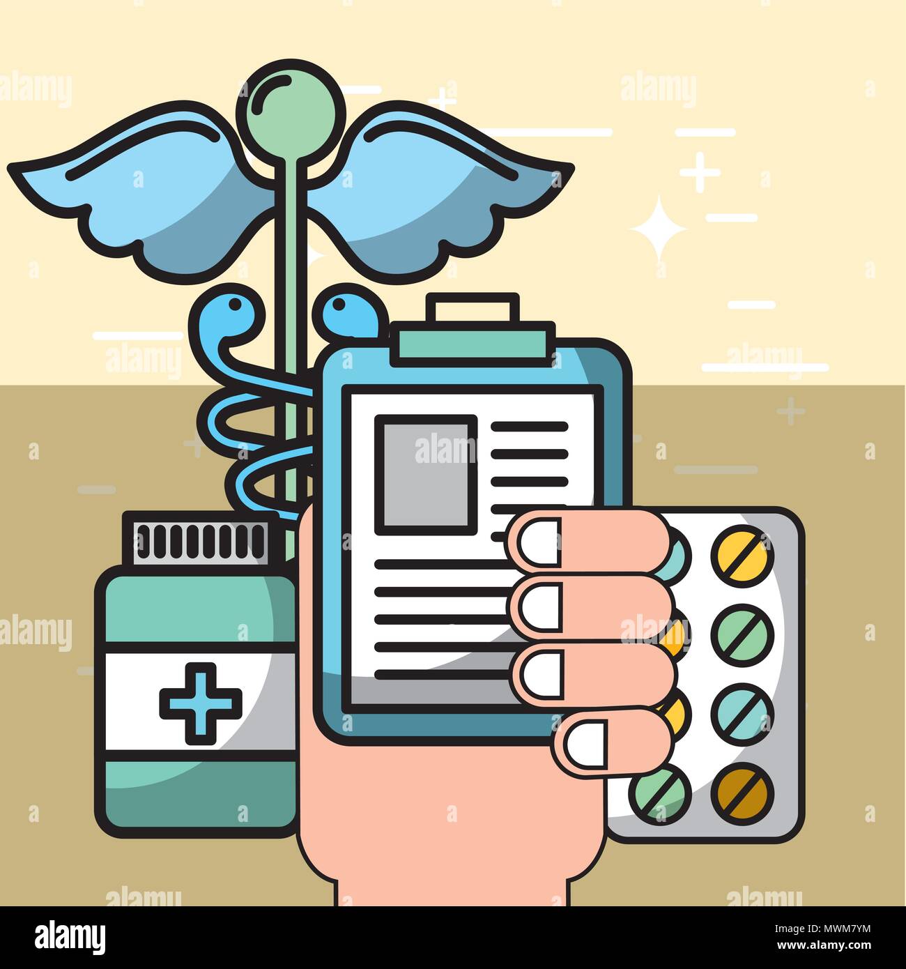 hand holding clipboard pills and medication mental health care vector