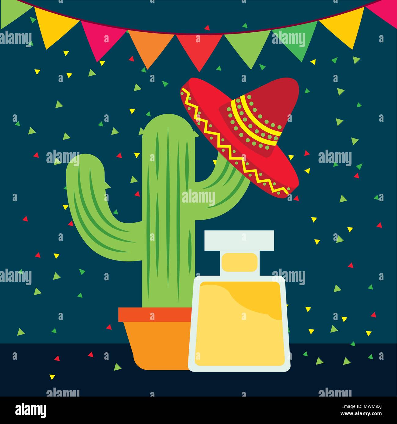 viva mexico celebration cactus with red traditional hat bottle tequila ...