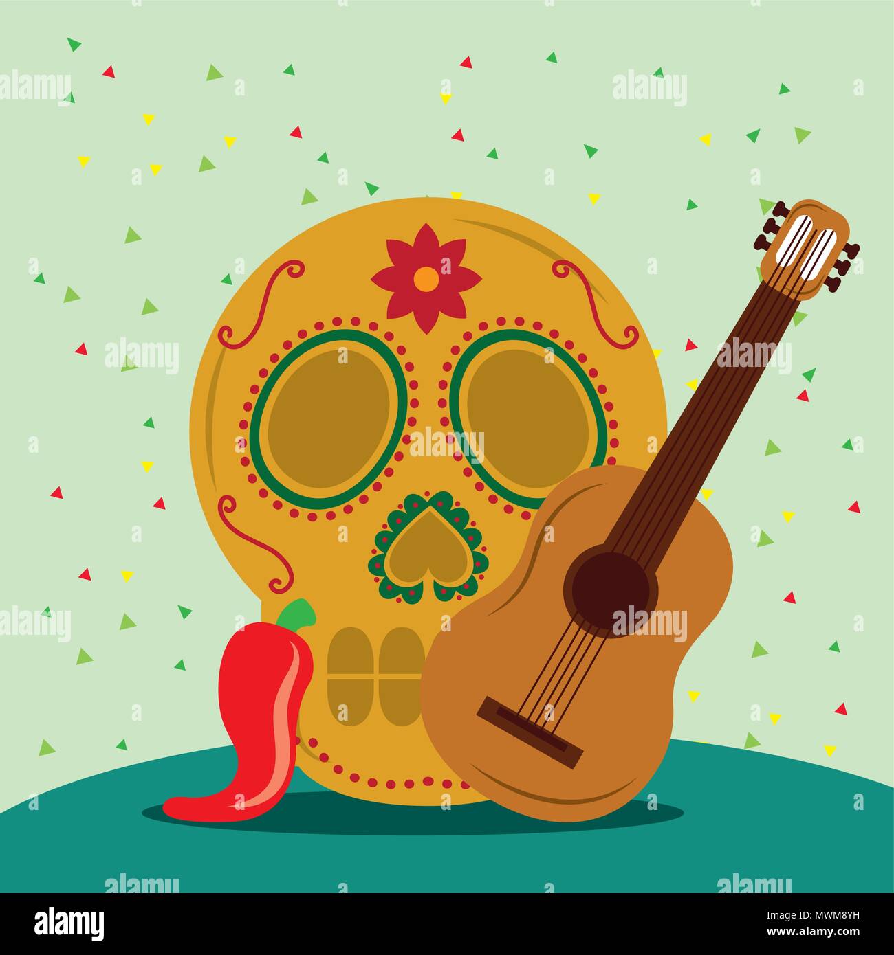 viva mexico celebration chili pepper serpentines skull with guitar ...