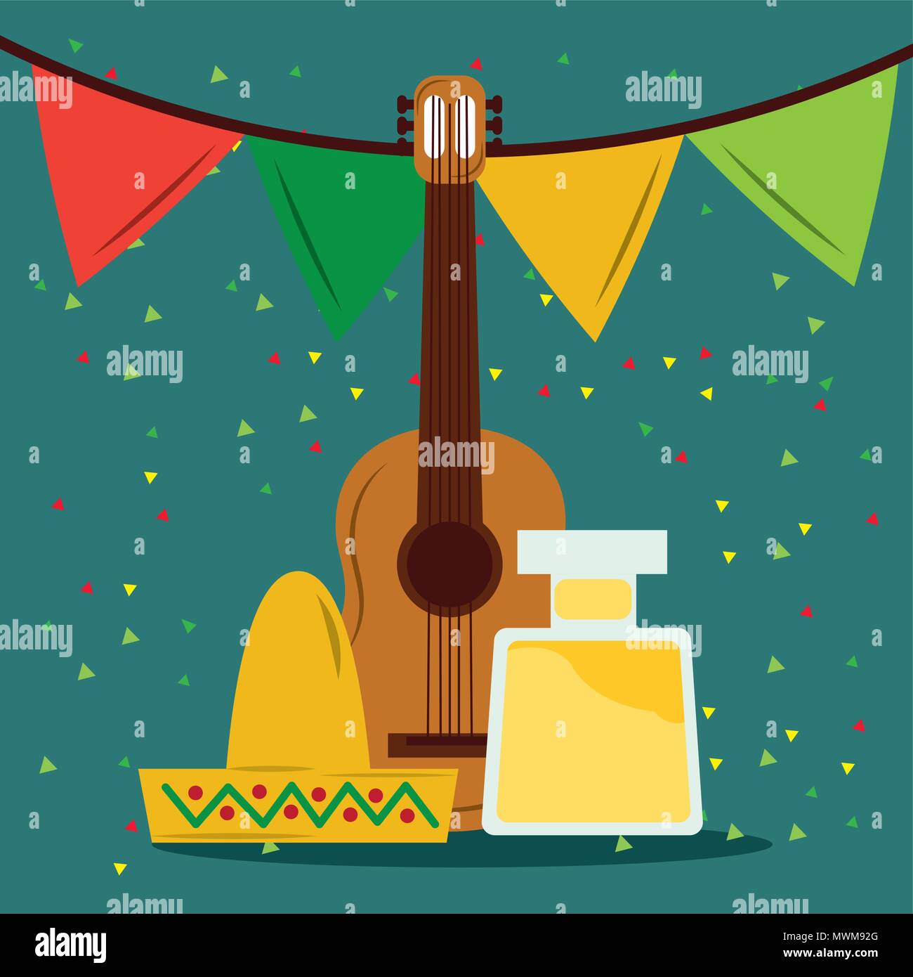 viva mexico celebration guitar tequila and hat pennant ornament vector ...