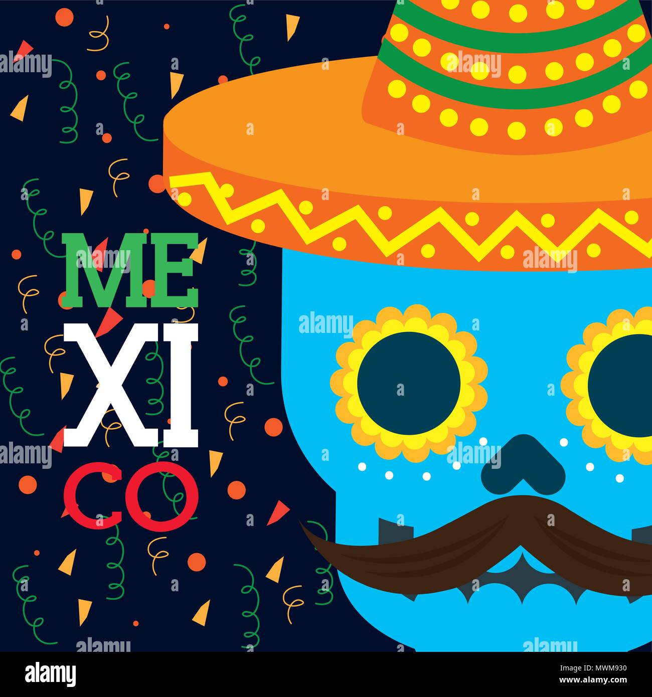 viva mexico celebration skull with mustache and hat confetti decoration ...