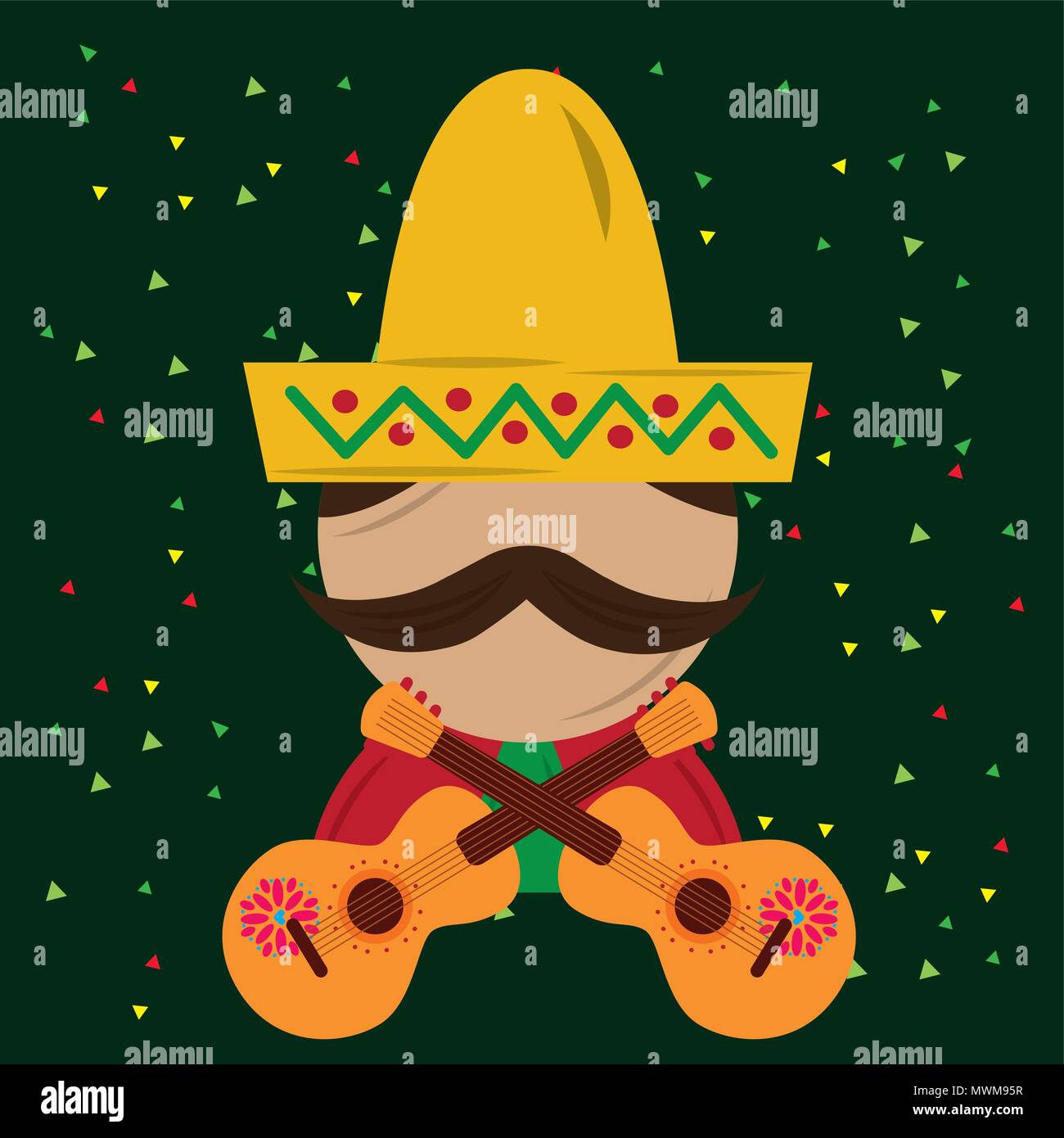 mexican man with hat and poncho guitars confetti vector illustration ...