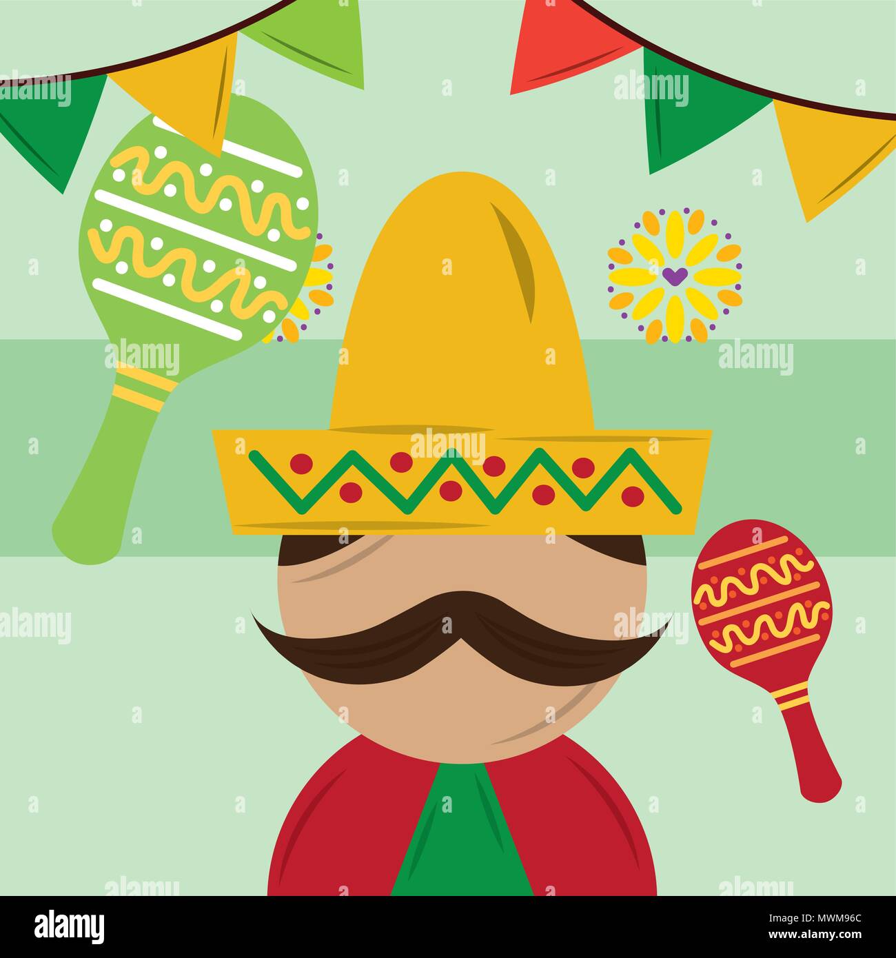 mexican man with hat poncho and maracas musical flowers pennant ...