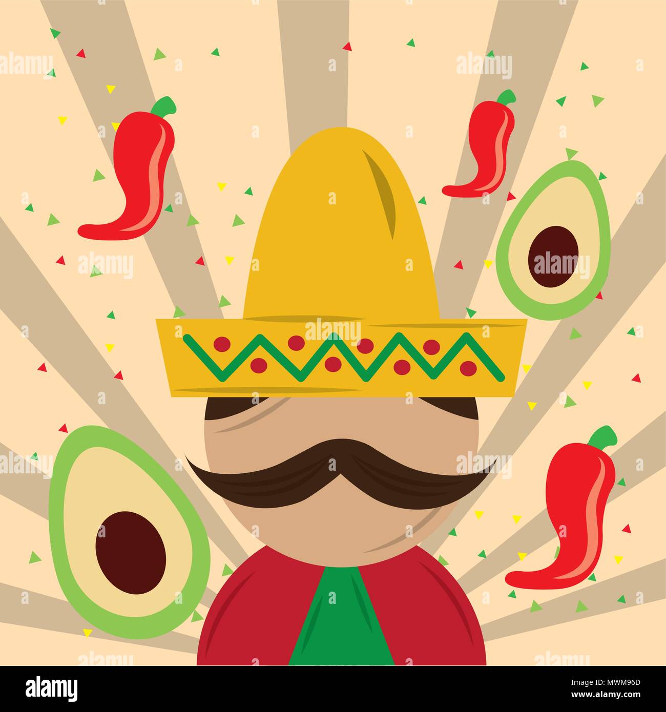 mexican man with hat poncho avocados chili peppers vector illustration ...