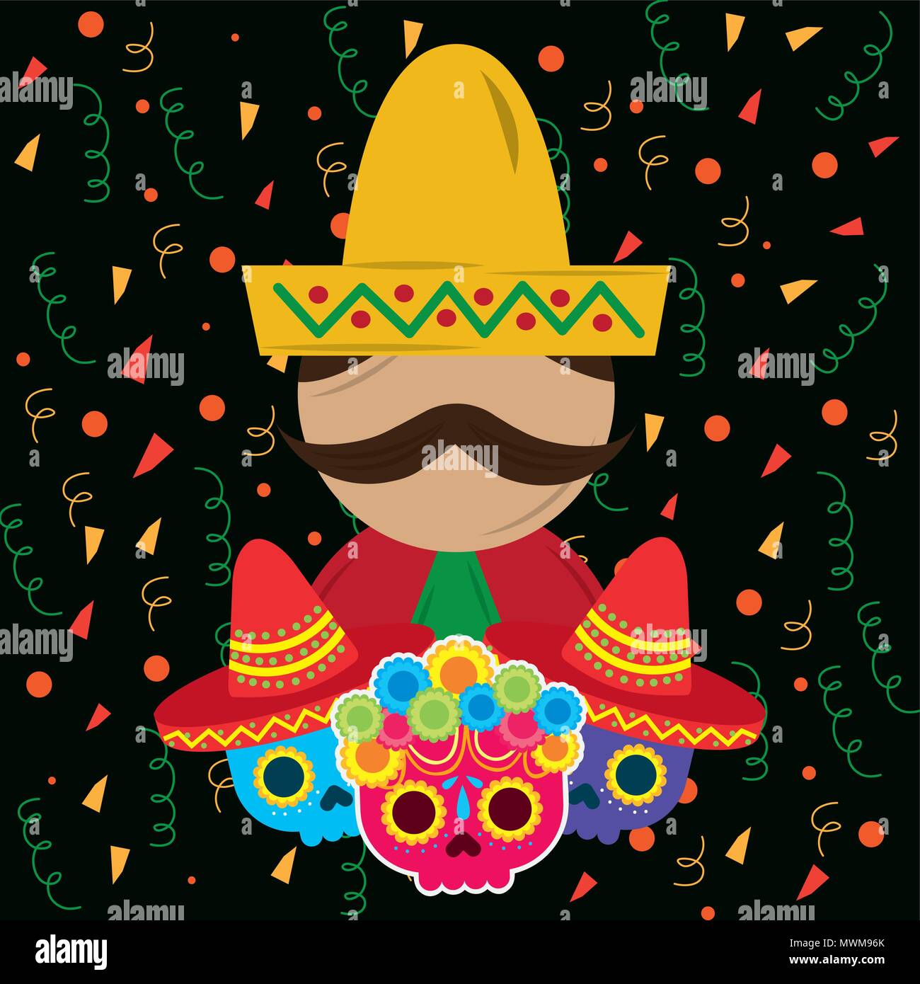 mexican man mustache with hat and skulls decoration confetti vector ...