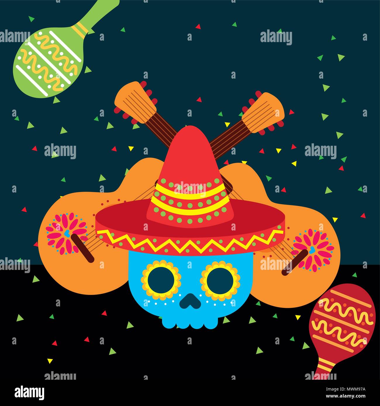 viva mexico blue skull with hat and guitars maracas vector illustration ...