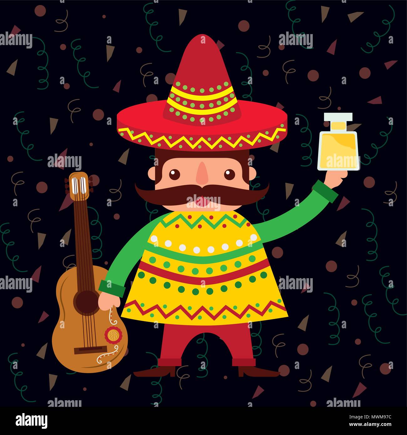 mexican man with hat and poncho holding tequila guitar vector ...