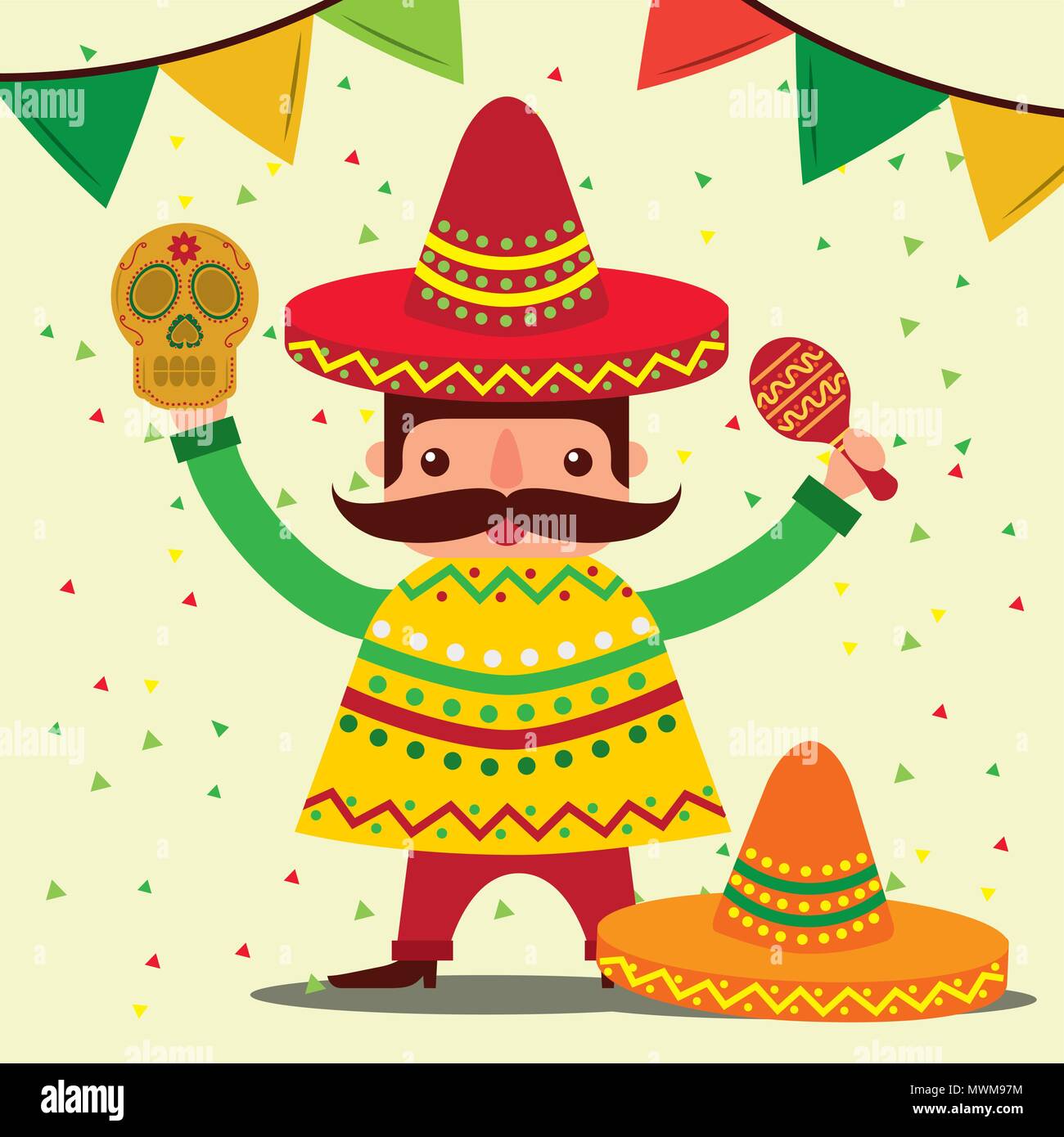 mexican man with hat poncho maracas and skull vector illustration Stock ...