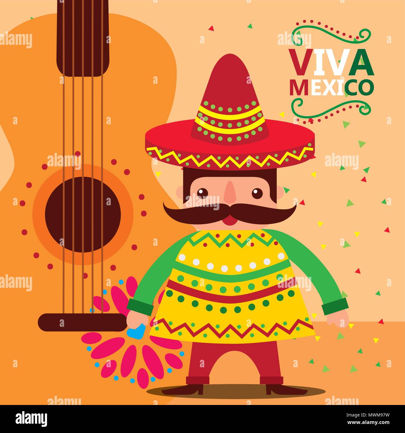 mexican man with hat and poncho guitar viva mexico poster vector ...