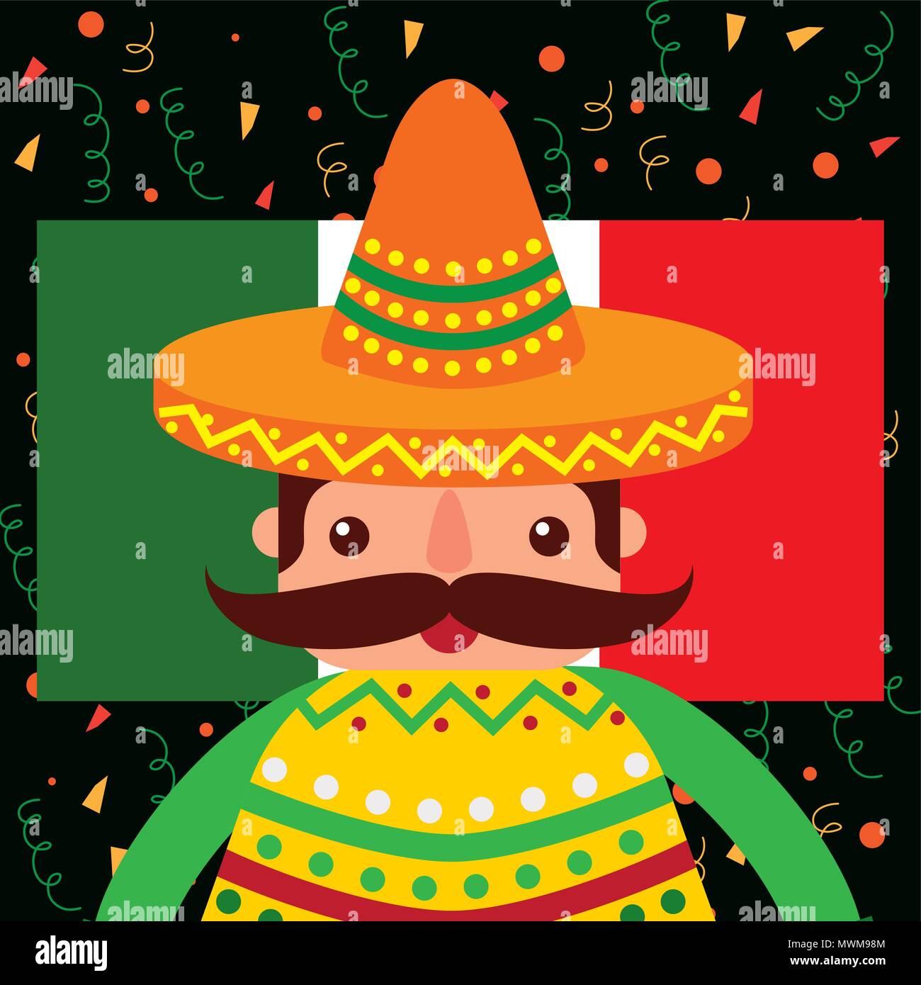 mexican man with hat and poncho mexican flag confetti celebration ...