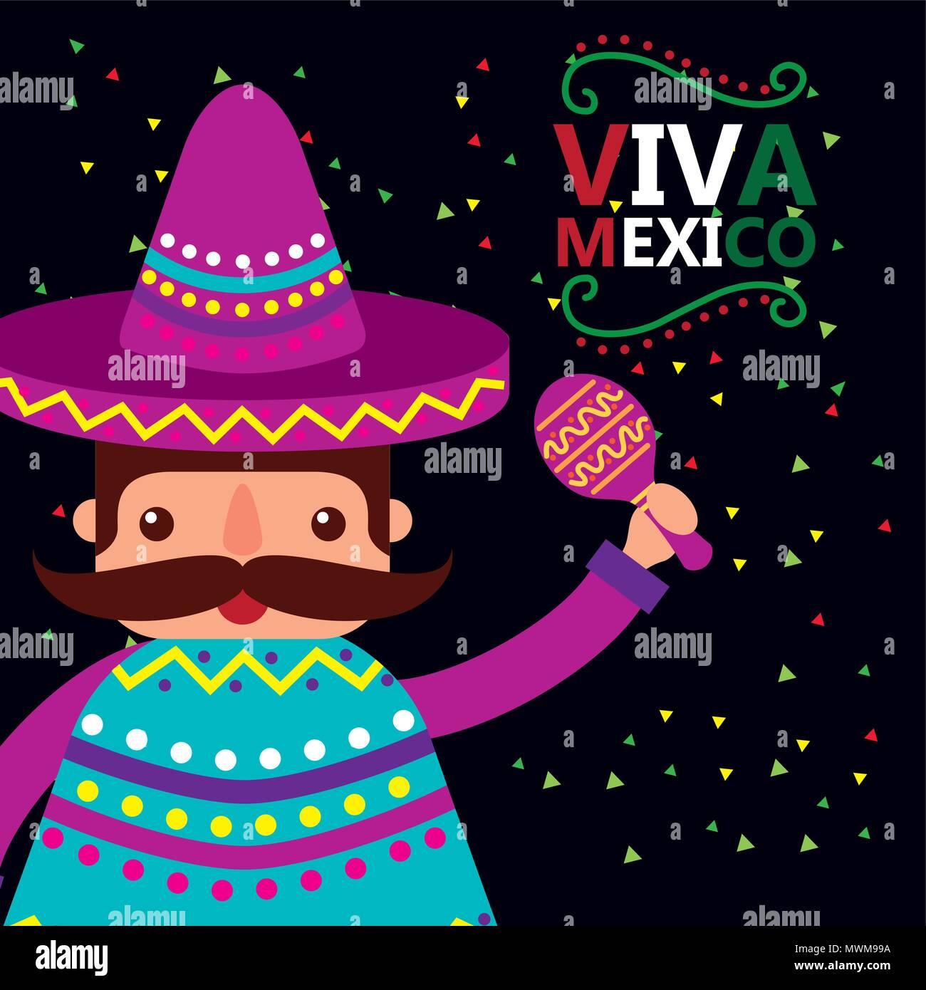 mexican man with hat and poncho holding maracas dark background viva ...