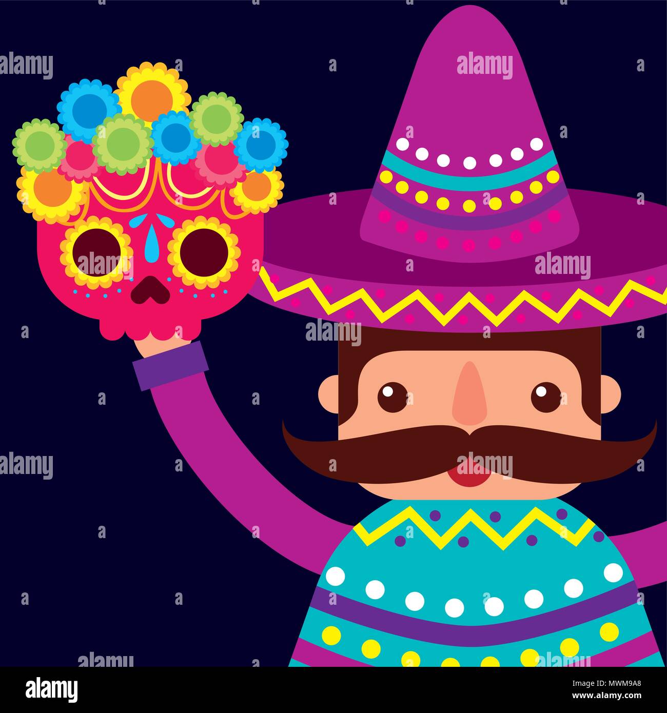 mexican man with hat and poncho holding skull floral vector ...