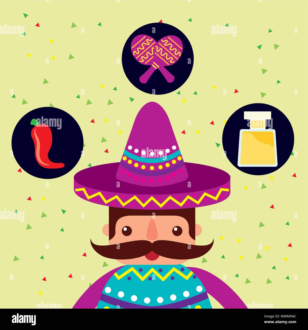 mexican man with hat and poncho character cartoon vector illustration ...