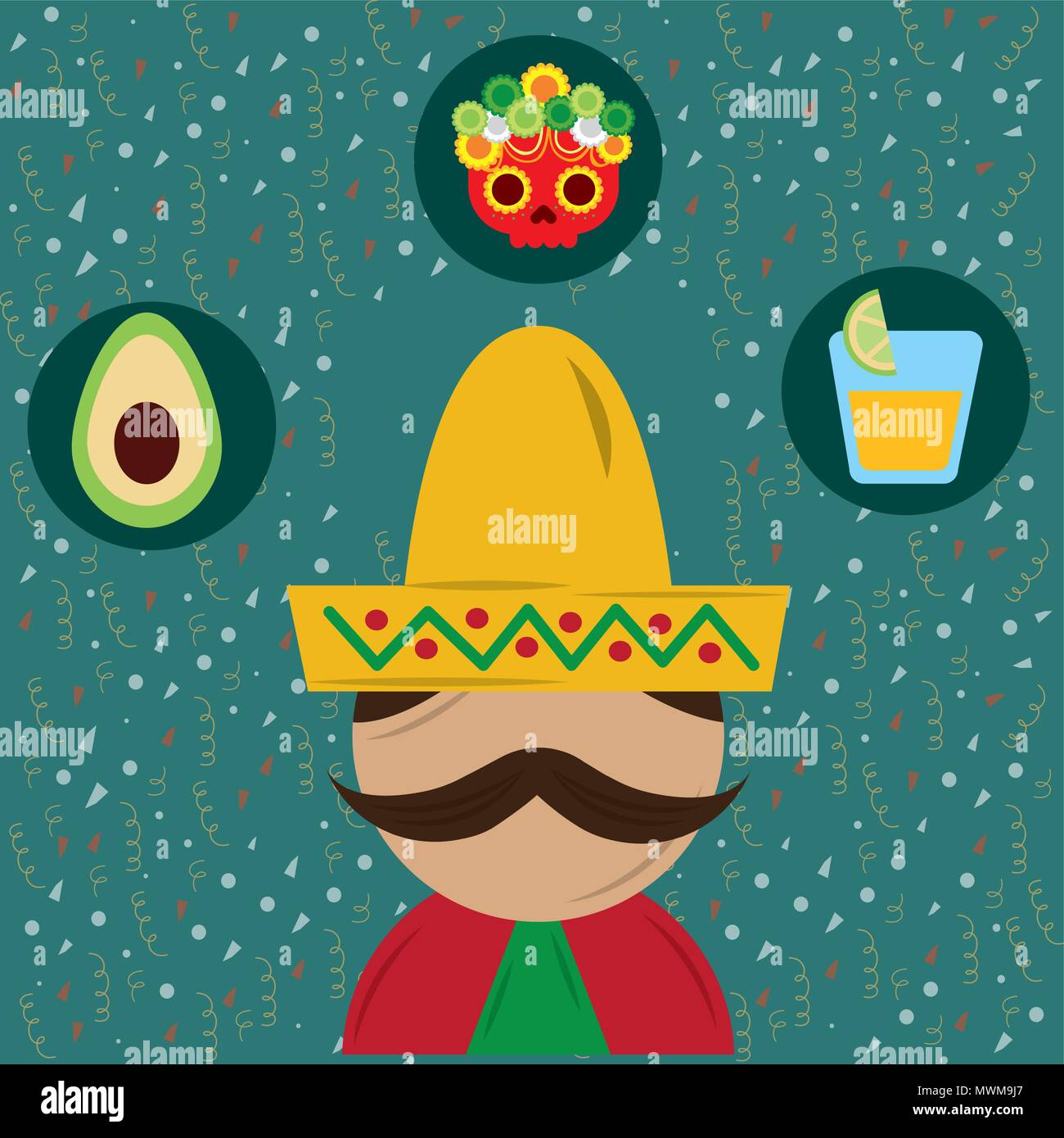 portrait mexican man with hat and poncho vector illustration Stock ...