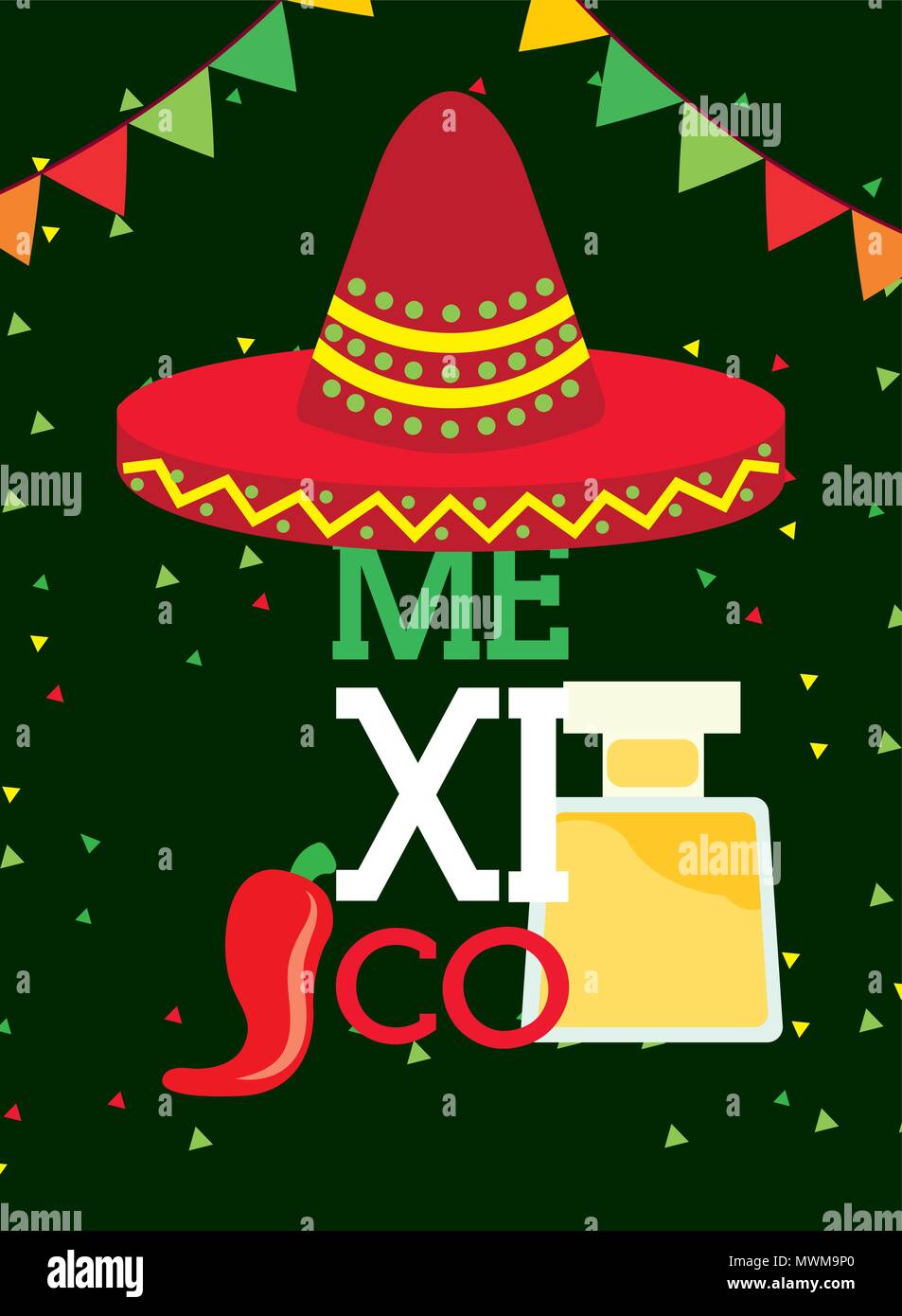 red hat and tequila drink chili pepper pennant viva mexico vector