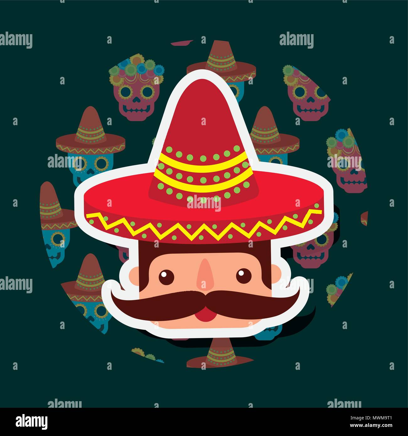 mexican man portrait with mustache and red huge hat vector illustration ...