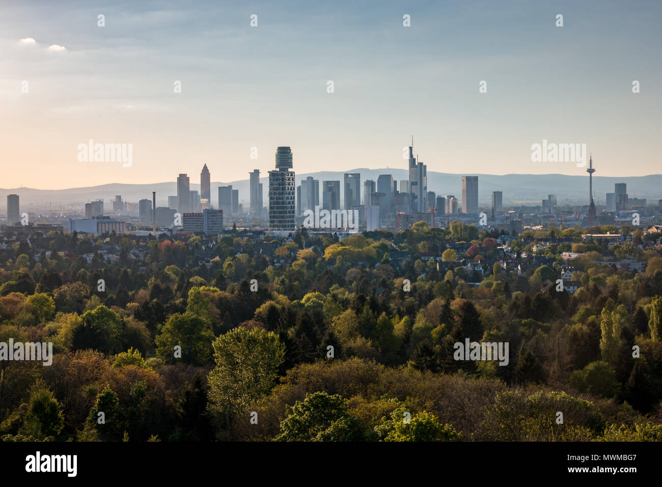Cityscape with skyline of Frankfurt am Main seen from top of Goethetower which burned down completely after a fire in 2017 Stock Photo