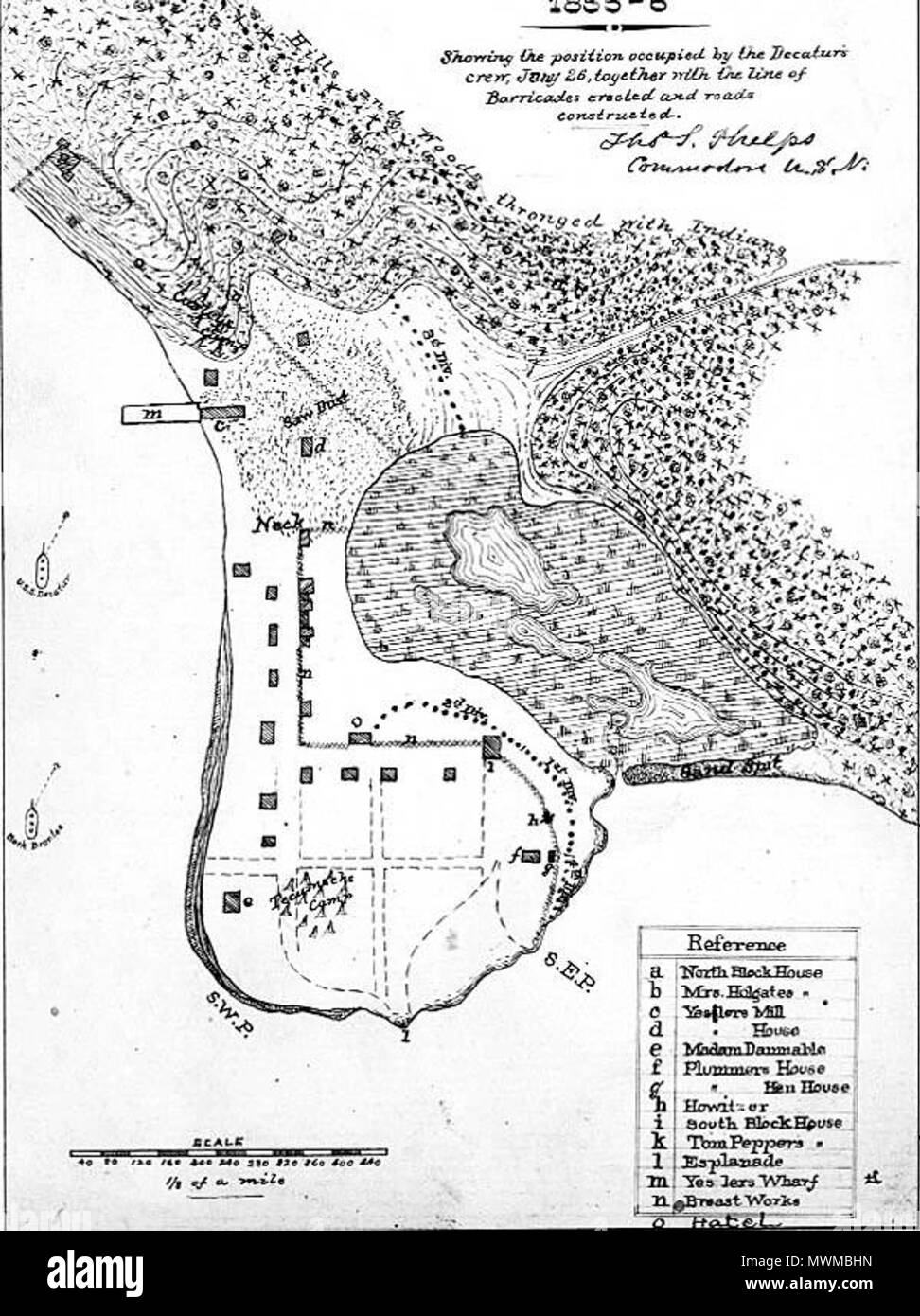 . English: A map of Seattle, drawn at the time of the Battle of Seattle, part of the Puget Sound War. Map shows the sloop USS Decatur and the bark Brontes in Elliott Bay, Henry Yesler's mill, wharf, and a pile of sawdust, indigenous settlements in and around town (depicted with tipi-like symbols). The camp in town is labeled 'Tecumseh's Camp', the one in the woods just north of Yesler's Mill is labeled 'Curley's Camp' On the slopes above the town there is text saying 'Hills and Woods thronged with Indians'. A sand spit separates a tide marsh from the tide flats of the bay. The location is roug Stock Photo