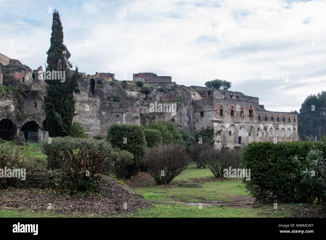 view of excavated Roman ruins at Pompeii, near Mount Vesuvius, Italy Stock Photo