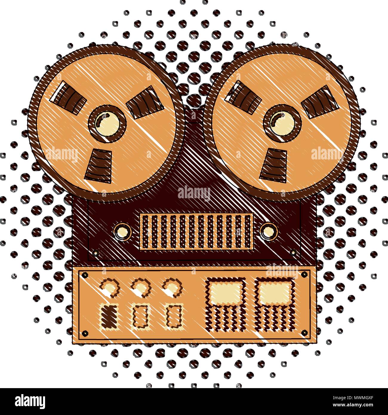 Reel-to-reel audio tape recorder. Handheld reel tape recorder, hand drawn  retro illustration, isolated on white. Suitable for banner, ad, t-shirt  design. Vintage tape spool design element Stock Vector