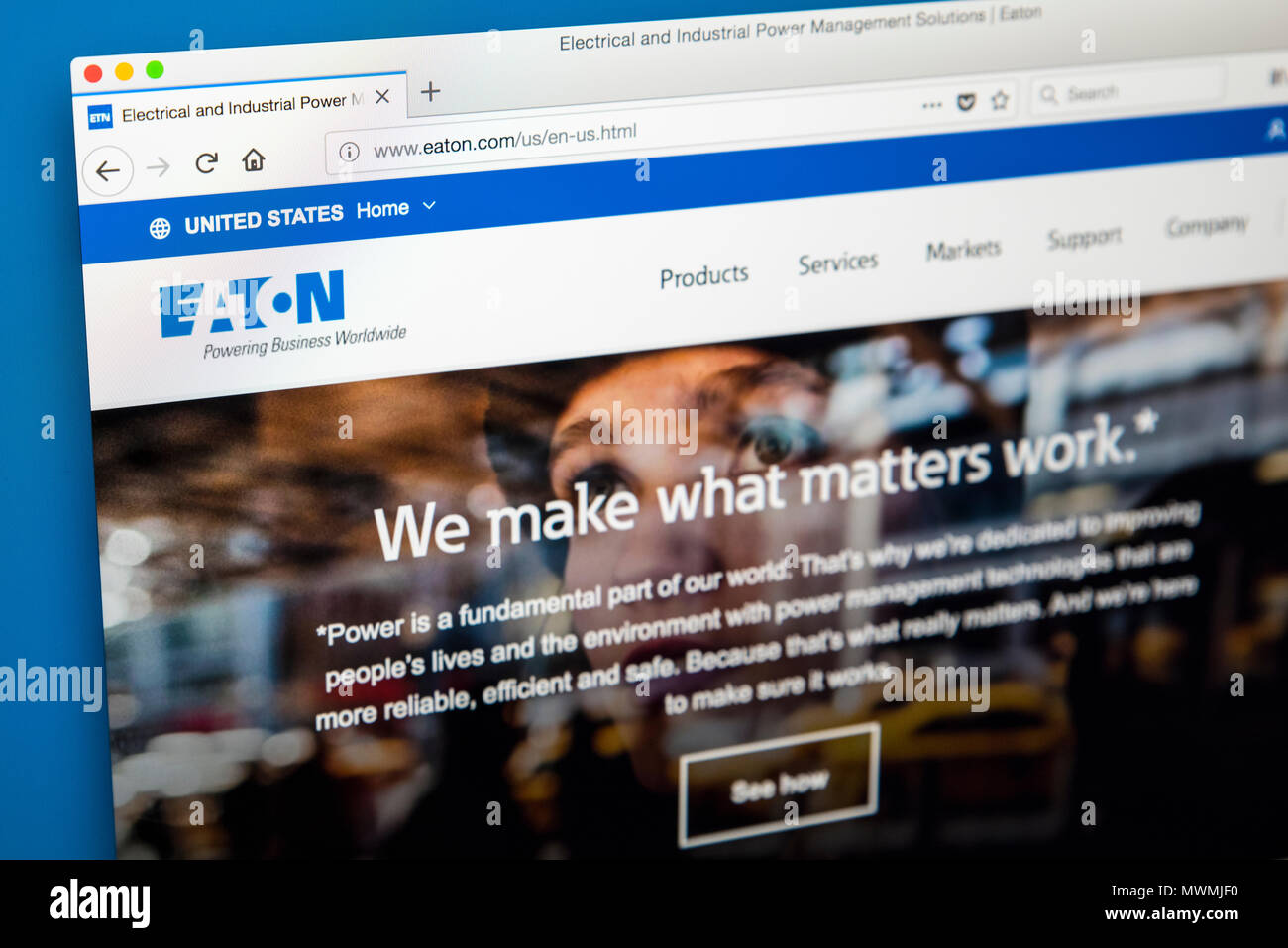 LONDON, UK - MAY 31ST 2018: The homepage of the official website for Eaton Corporation Plc - the multinational power management company, on 31st May 2 Stock Photo
