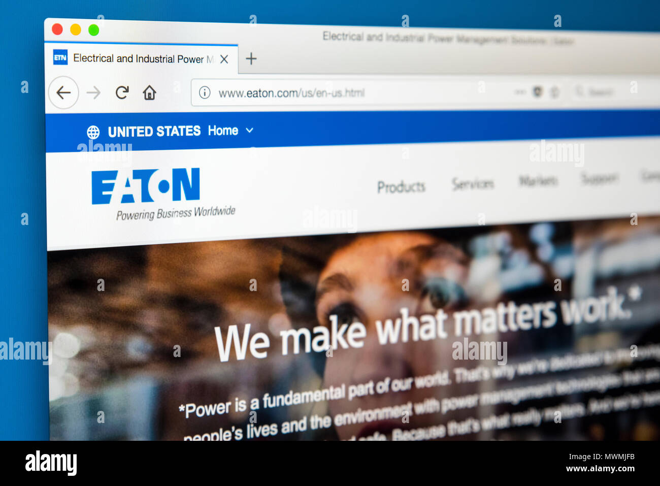 LONDON, UK - MAY 31ST 2018: The homepage of the official website for Eaton Corporation Plc - the multinational power management company, on 31st May 2 Stock Photo