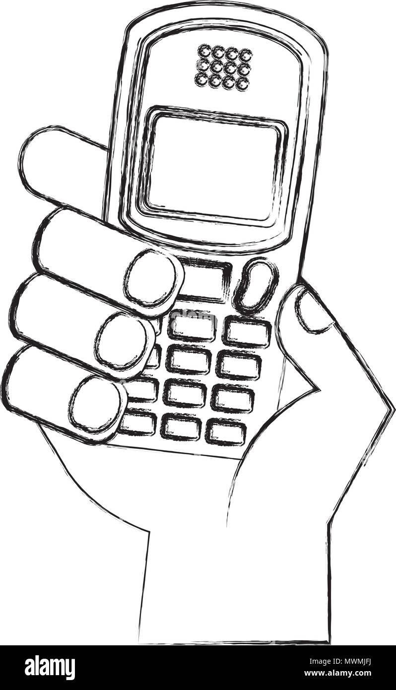 hand holding phone device vintage vector illustration sketch Stock ...