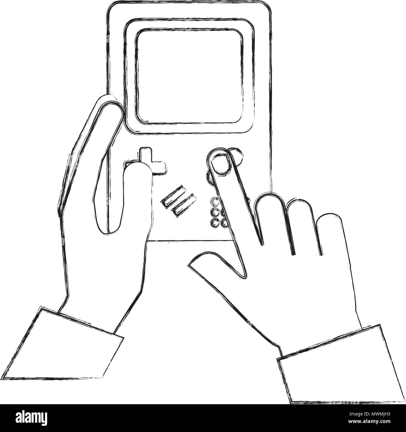 hand holding game console portable device vintage vector illustration ...