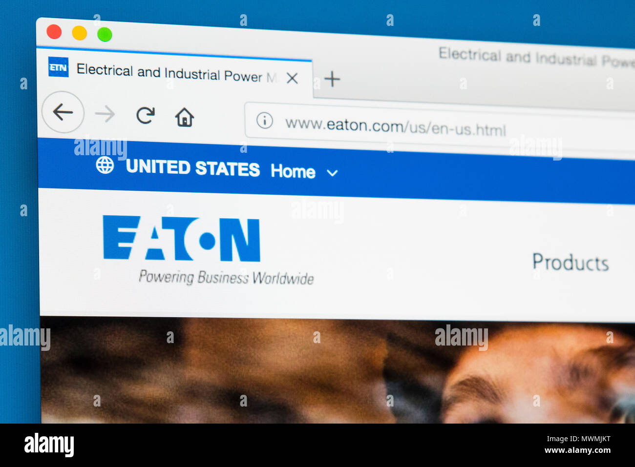 LONDON, UK - MAY 31ST 2018: The homepage of the official website for Eaton Corporation Plc - the multinational power management company, on 31st May 2 Stock Photo