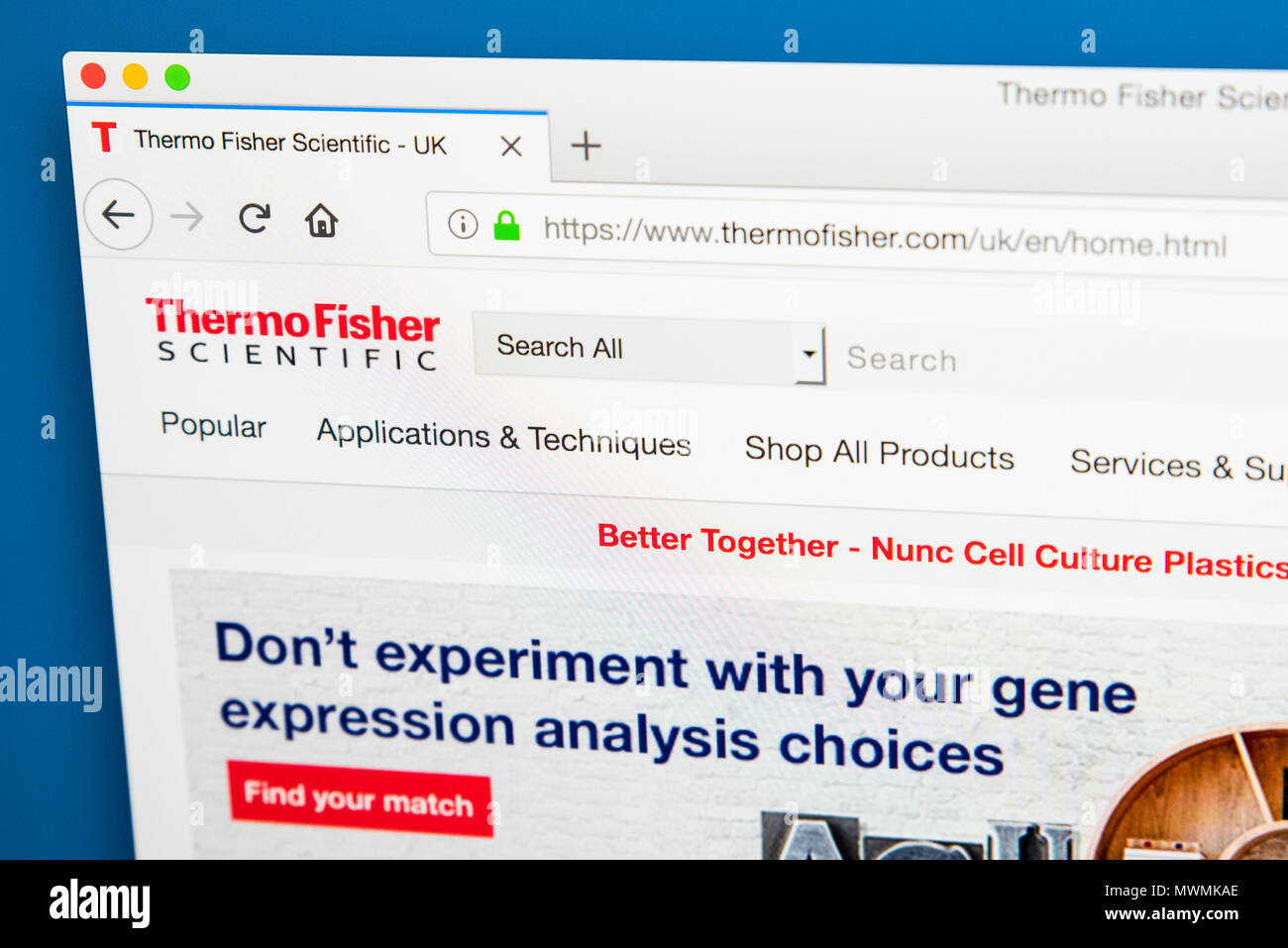 LONDON, UK - MAY 31ST 2018: The homepage of the official website for Thermo Fisher Scientific - the American multinational biotechnology product devel Stock Photo