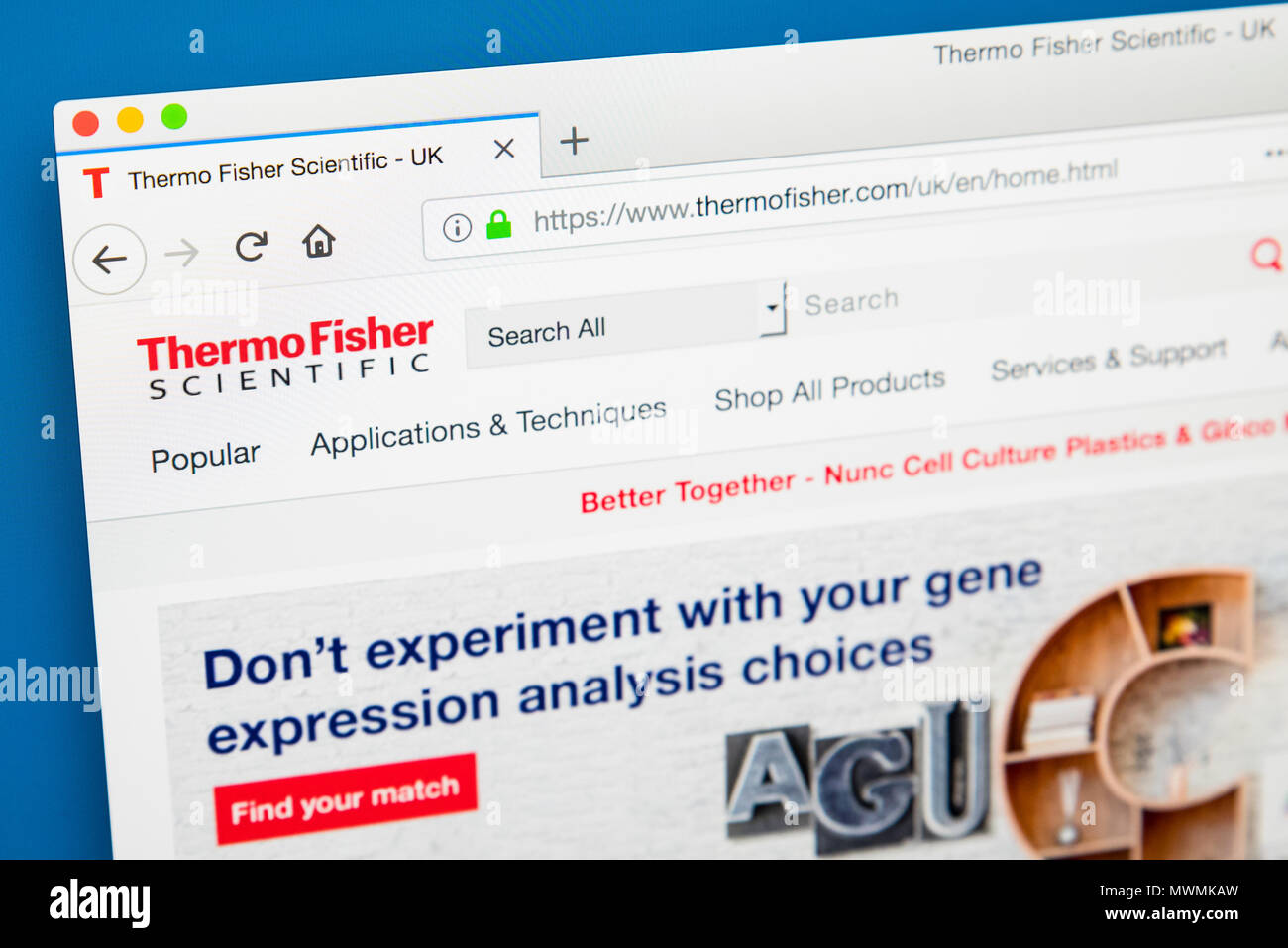 LONDON, UK - MAY 31ST 2018: The homepage of the official website for Thermo Fisher Scientific - the American multinational biotechnology product devel Stock Photo